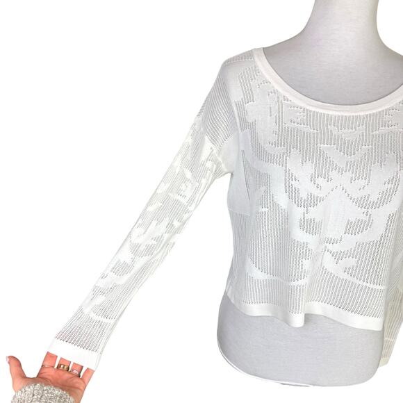 Parker White Sheer Long Sleeve Scroll Pattern Knit Layering Cropped Top Sweater - Picture 7 of 12